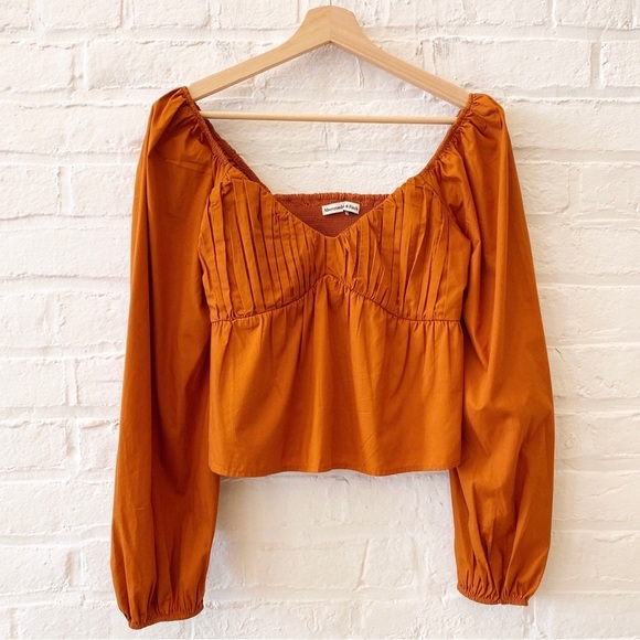 Abercrombie || Pintucked V-Neck Babydoll Blouse Top Cotton Orange Rust Small - Picture 1 of 6